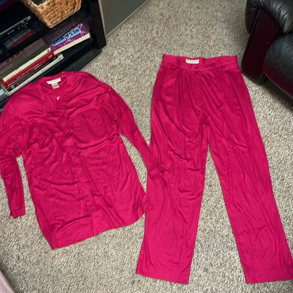Vintage 90s hot pink long blouse pant suit